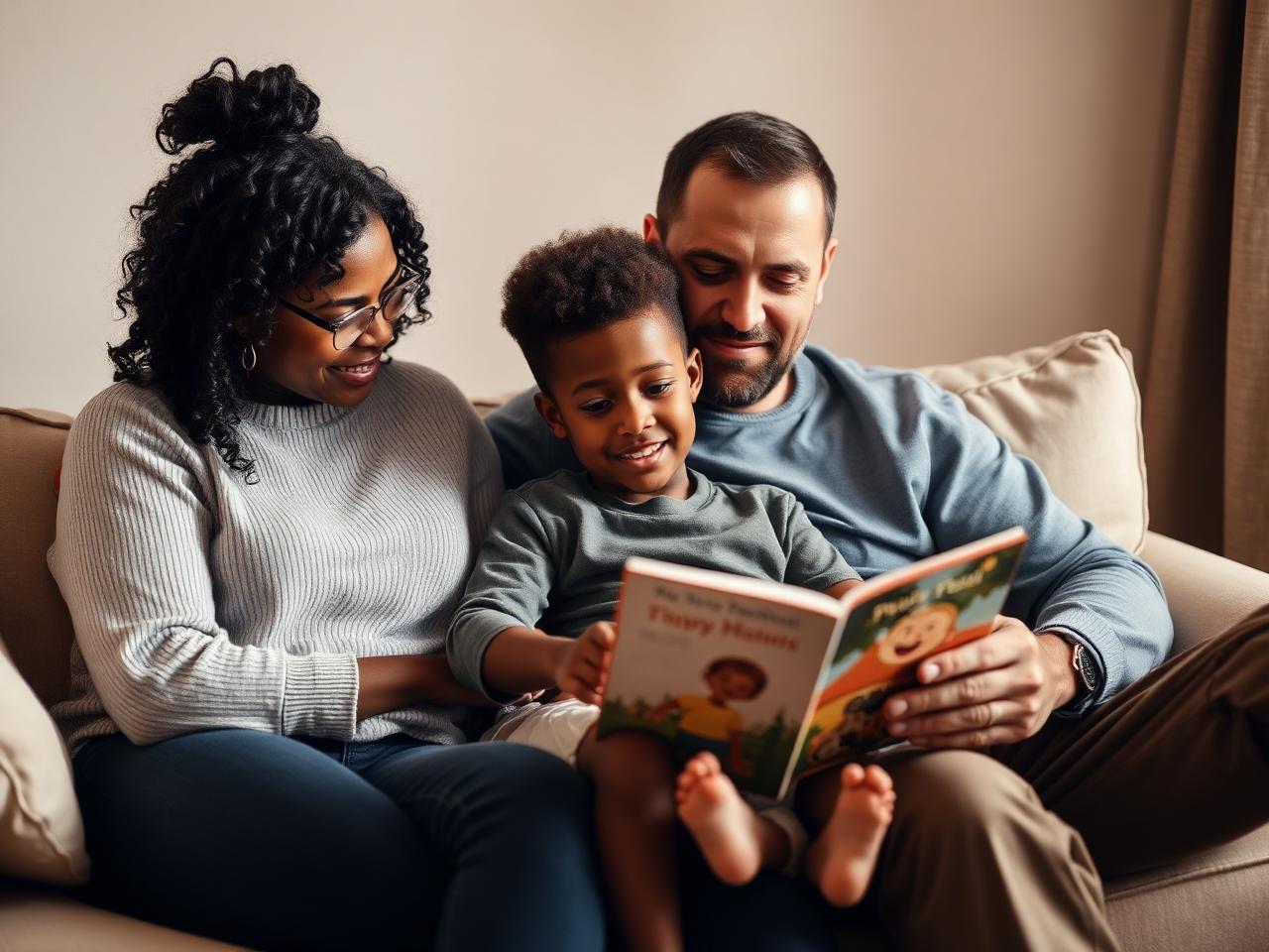 Família diversa lendo juntos no sofá